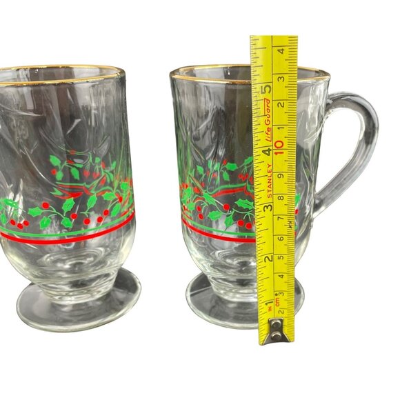 Vintage Libbey Glassware Set of 2 Glass Christmas Mugs With Holly Decor-Gold Rim - Picture 10 of 11